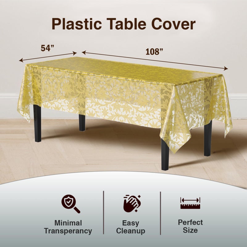 Exquisite Lace Table Cloth Rectangle Table Plastic 12-Pack Lace Tablecloth Rectangular 54" X 108" | Clear & Gold Floral Tablecloth Disposable | Wild Flower Party Decorations & Party Supplies - Image 2